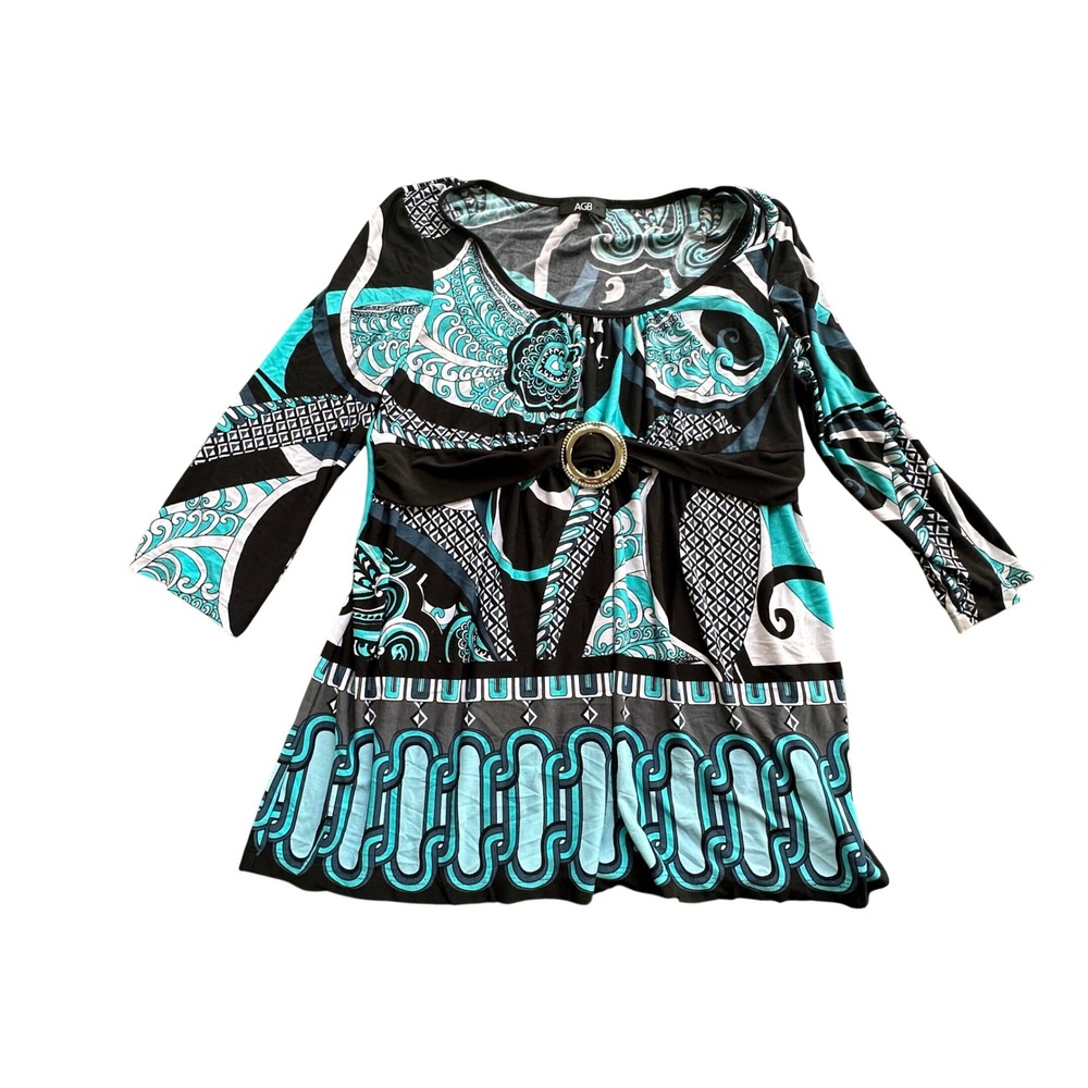 Y2K AGB Womens Turquoise Black‎ Geometric Paisley Empire Waist Tunic Top Blouse